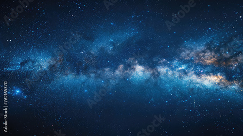 Amazing Panorama blue night sky milky way and star on dark background.Universe filled with stars, nebula and galaxy with noise and grain.Photo by long exposure and select white balance.selection focus photo