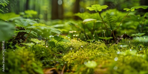 Forest Floor viewed from ground level perspective showcasing a lush miniature world - Tiny bright green moss carpets the ground interspersed with miniature plants created with Generative AI Technology © Generative Plants