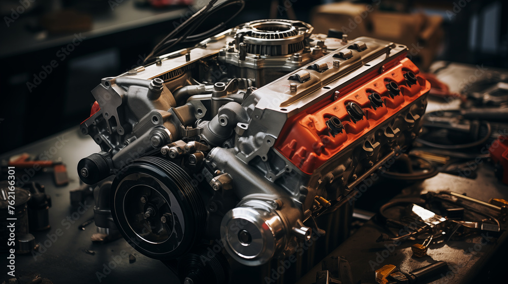 Fototapeta premium Engine Symphony: Celebrating the Birth of Horsepower with Expert Hands and Precision Assembly