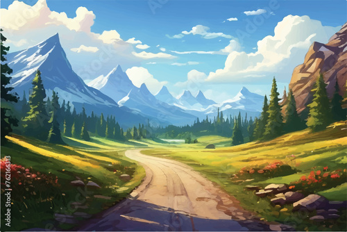 Mountain landscape with green hills  sandy road and natural valley. Vector picturesque place background.  scenic hills  spring or summer nature. Beautiful Nature . Mountain landscape. Illustration. 