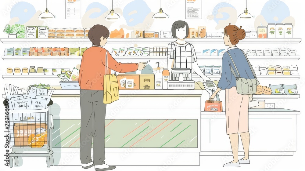 At the market checkout, a cashier and customer are making payments. Hand drawn doodle illustrations in modern style. At the market checkout, a cashier and customer are making payments. Hand drawn doodle illustrations in modern style.