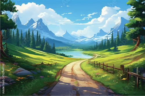 Mountain landscape with green hills, sandy road and natural valley. Vector picturesque place background.  scenic hills, spring or summer nature. Beautiful Nature . Mountain landscape. Illustration. 