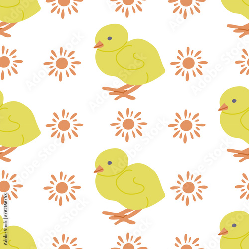 Cute Easter chick with sun seamless pattern. Flat hand drawn colored elements on white background. Unique retro print design for textile, wallpaper, interior, wrapping. Easter holiday concept