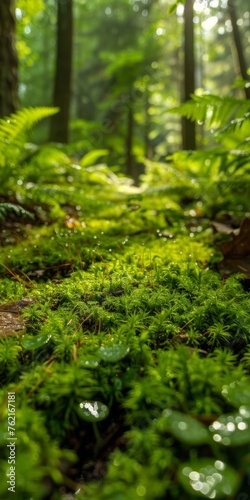 Forest Floor viewed from ground level perspective showcasing a lush miniature world - Tiny bright green moss carpets the ground interspersed with miniature plants created with Generative AI Technology