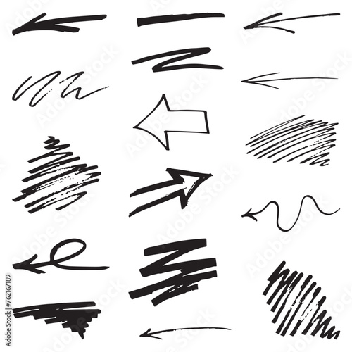 Marker line, ink symbols,  hand drawn black color elements. Realistic Rough Black Marker Brush Ink Line Stroke Set Isolated Collection. Grunge Paper Texture. Swift crossed and wavy underlines photo