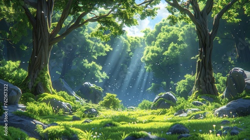 Nature landscape with deciduous trees, moss on rocks, grass, bushes and sunlight spots on ground. Summer or spring wood parallax natural scene.