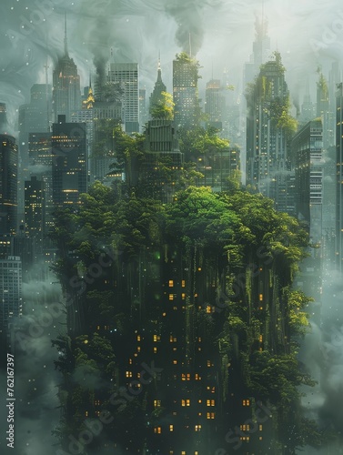 Surreal blend of nature and city as a forest merges seamlessly into urban life  creating a unique scene