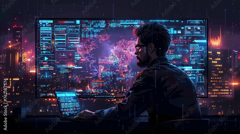 A web developer engineer coding a website using augmented reality interface screens. A software or application designer programming software or application design, Cartoon modern illustrator A web developer engineer coding a website using augmented reality interface screens. A software or application designer programming software or application design, Cartoon modern illustrator