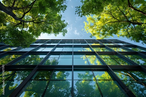 Minimize CO Emissions with a Sustainable Glass Office Building in a Modern Eco-Friendly City. Concept Sustainable Architecture  Eco-Friendly Buildings  Energy Efficient Design  Green Construction