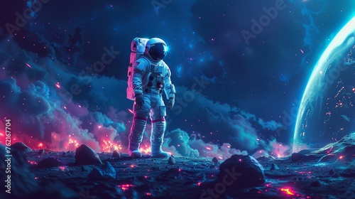 An astronaut on an alien planet in a distant galaxy. A spaceman with a suit and helmet explores outer space. Modern illustration of cosmic surfaces with rocks, cracks and glowing spots. © Mark