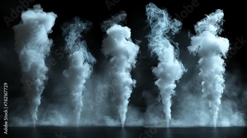 White smoke, dust spray, powder explosion. Flow mist, smoky stream trail, odour or toxic clouds, steaming chemical or cosmetic vapour. Modern Isolated clipart set in realistic 3D modern style.