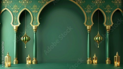 Minimalist green eid mubarak and ramadan theme background. AI generated image photo