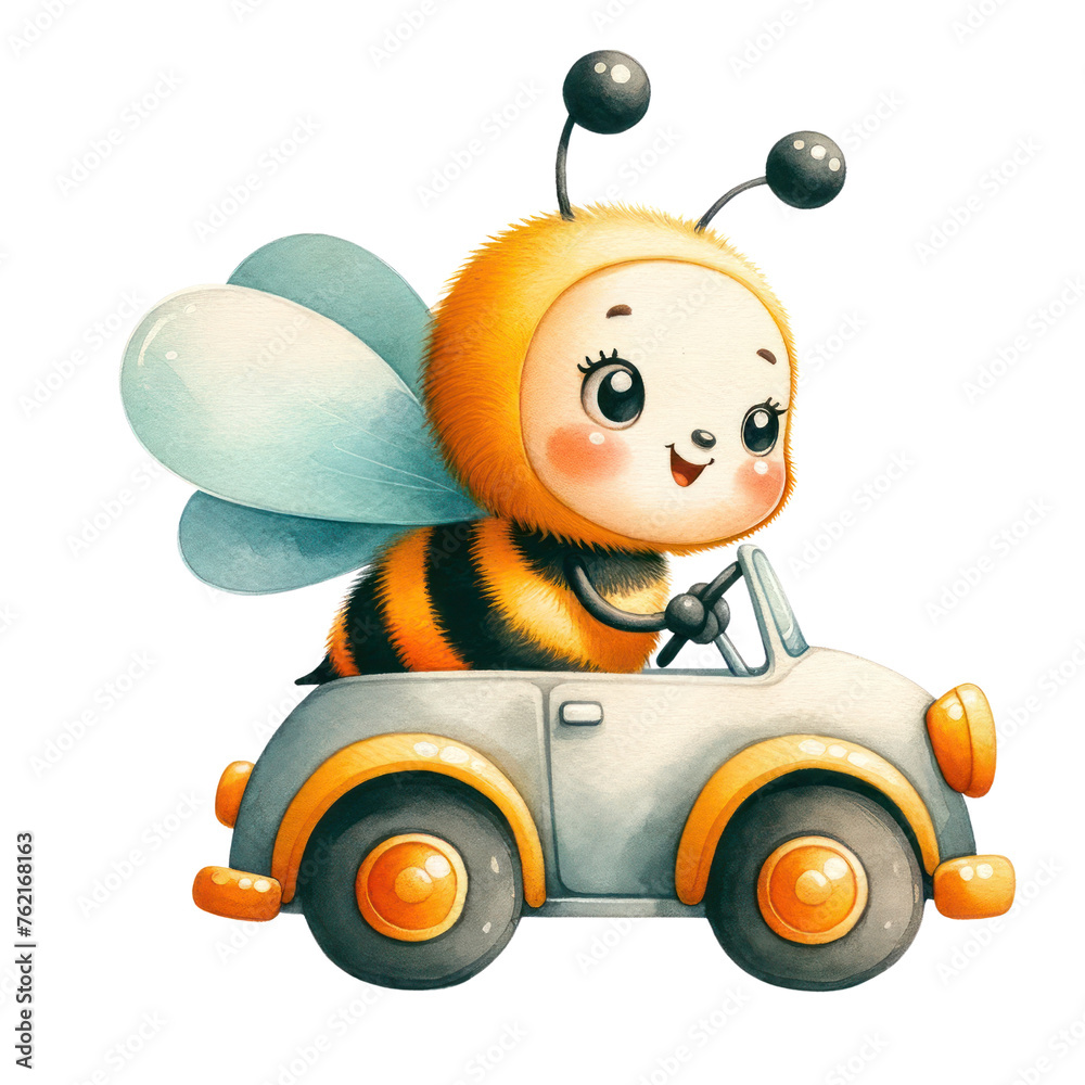 Ilustrace „Watercolor cartoon bee is driving a car. The car is yellow ...