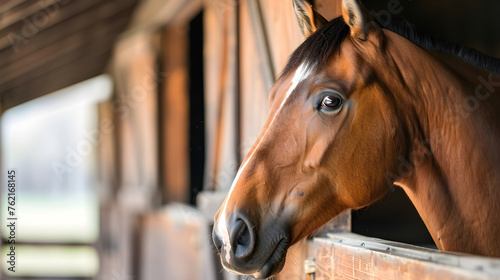 
A horse's portrait photographed within the confines of a wooden stall on a horse ranch