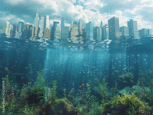 Digital dreamscapes merging underwater scenes with urban skylines, creating a serene yet surreal world
