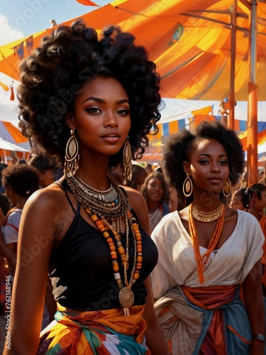 Beautiful, dark-skinned girls in traditional clothes and jewelry at the holiday.