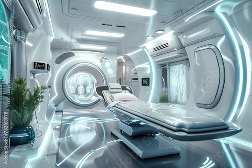 A futuristic medical facility with advanced equipment and technologies for healthcare. photo