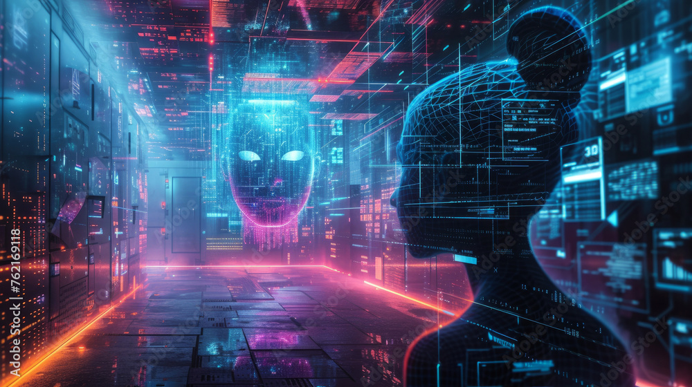 Fototapeta premium A computer generated face with a blue and red background. head conceptual design closeup portrait beauty Industrial technology concept. Cyber punk girl concept. AI in virtual reality.