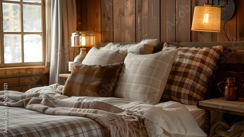 Rustic Wooden Bed Adorned with Velvet Cushions and Copper Bedside Lamp in Cozy Cabin-Style Bedroom