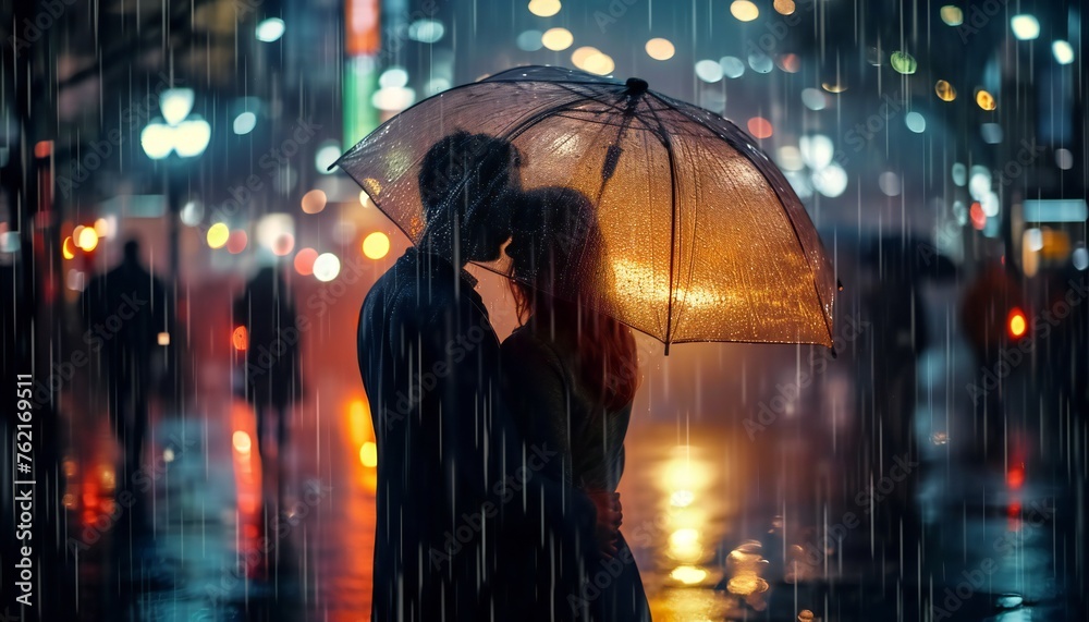 Couple Under Umbrella on Rainy Street Couple Under Umbrella on Rainy Street