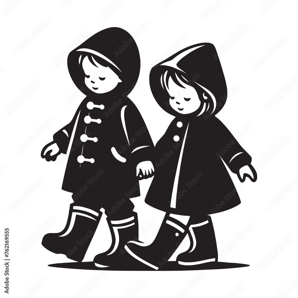 A boy and a girl are walking in raincoats and rubber boots. rainy weather. Logo, icon, badge