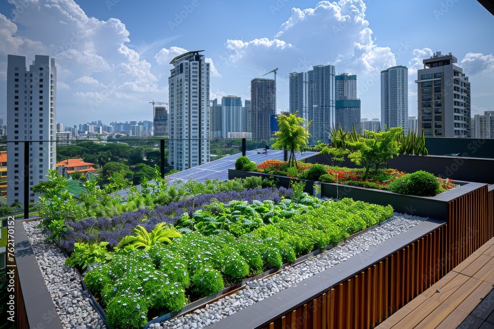 A cityscape with a rooftop garden filled with various vegetables and plants A cityscape with a rooftop garden filled with various vegetables and plants