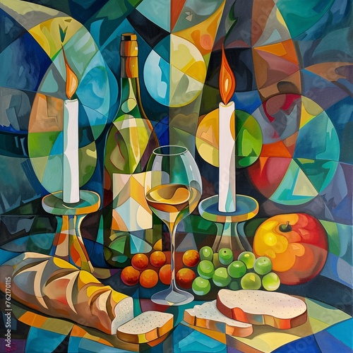 a painting of shabbat candles and wine