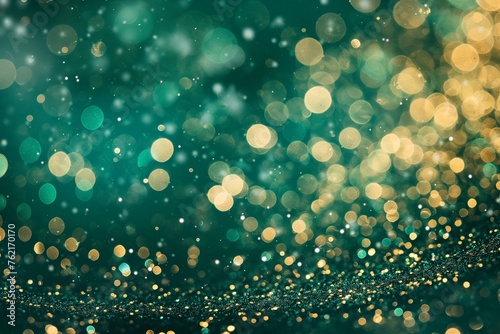 Abstract green background with gold particles, Bokeh golden sparkles, dark background, glittering confetti