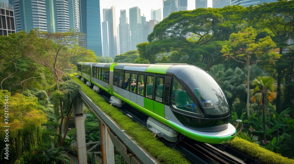 Fototapeta premium A sleek, green monorail train glides through a verdant cityscape, showcasing a harmonious blend of modern transportation and lush greenery in an eco-friendly urban environment.