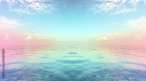 Clouds dotting the sky over a tranquil holographic sea create a meditative scene with soft, spectrum-infused reflections.