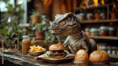 Tyrannosaurus preparing a burger on wooden table