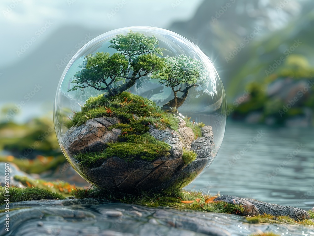 An imaginative realm in a bubble features a tiny ecosystem and floating landmasses - obrazy, fototapety, plakaty 