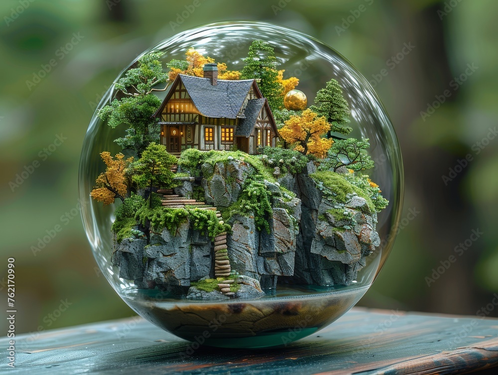 Imaginative world inside a bubble, with a miniature ecosystem and floating landmasses Imaginative world inside a bubble, with a miniature ecosystem and floating landmasses