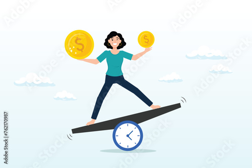 Businesswoman investor holding money big and small coin on clock seesaw, time value of money, sum of money worth more now at present time than future, earning cost, value depend on time (Vector)