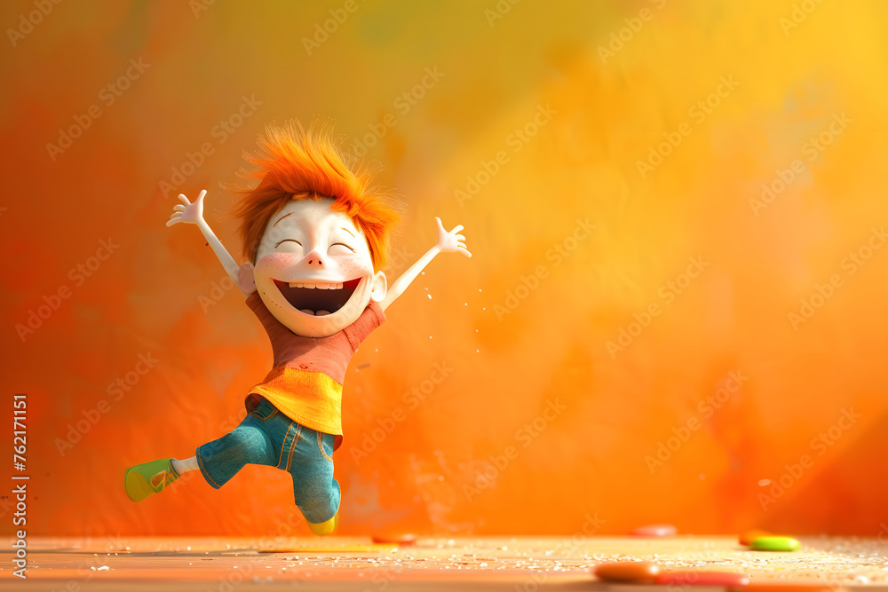 Freudensprung: Cartoonfigur springt vor Freude in die Luft auf farbigem Hintergrund - obrazy, fototapety, plakaty 