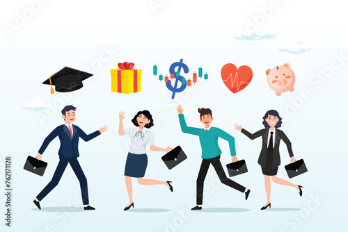 Business people with benefits, scholarship, bonus, salary increase and health insurance, employee benefits and compensation for staff advantage, reward or bonus payment to motivate employee (Vector)