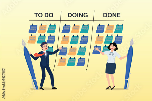 Business people review project progress on kanban board, review work progress on kanban board, todo list, in progress task and finished one, project management or planning for production (Vector)