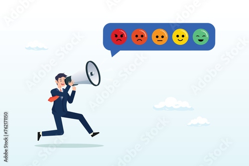 Man shouting with satisfaction emoticon, customer satisfaction survey, service quality feedback, rating or opinion, user experience emoticon, angry or smile face review, client questionnaire (Vector)