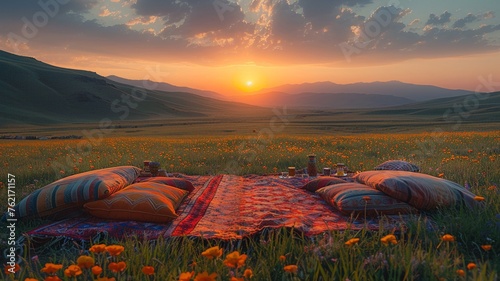 Tranquil dawn with empty picnic setup photo