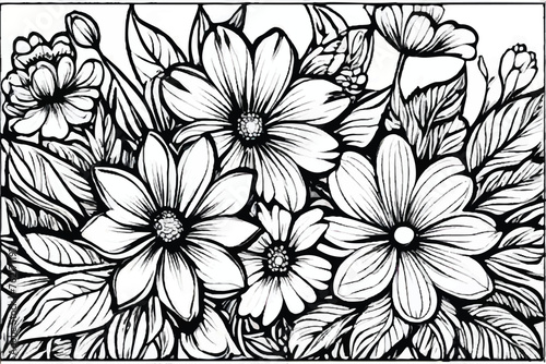 Abstract elegance seamless pattern with floral background. Flower Coloring Page  Flower Line Art Vector. Coloring book flowers doodle style black outline. Line art floral black and white background.  