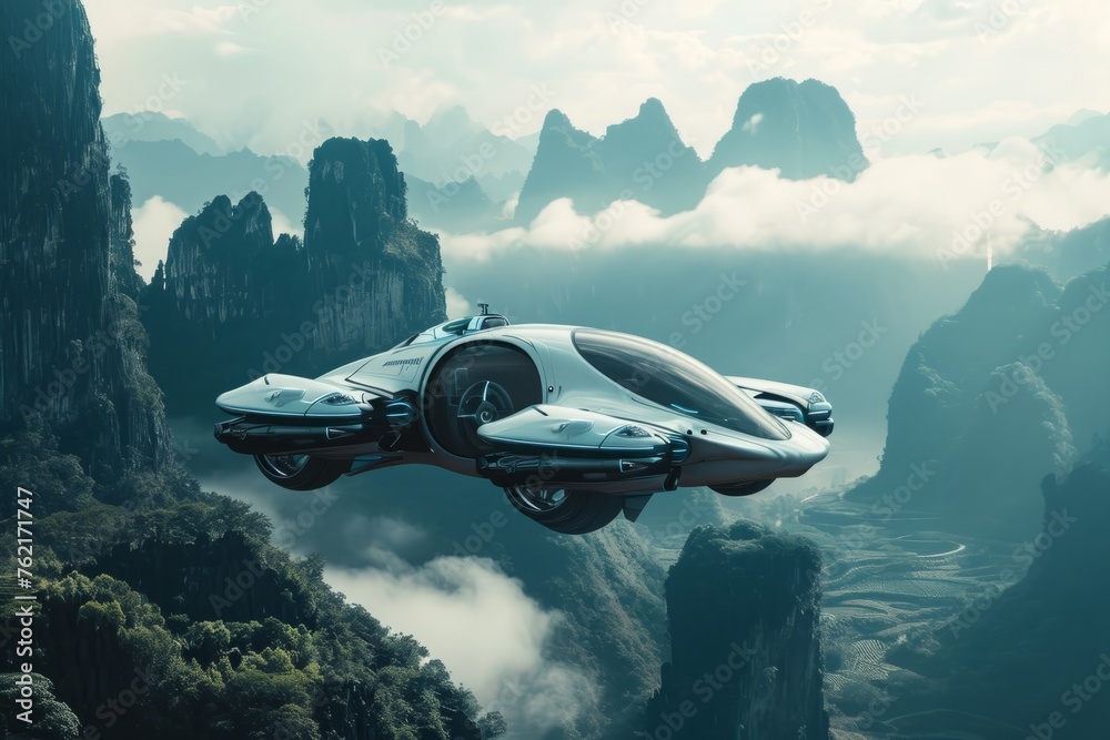Atmospheric scene featuring a futuristic flying car soaring through the sky. Generative AI Atmospheric scene featuring a futuristic flying car soaring through the sky. Generative AI