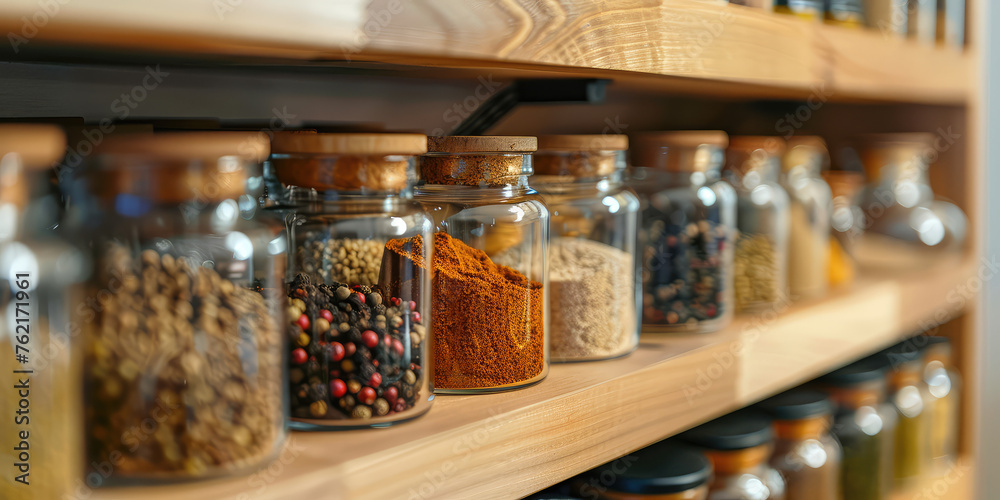Organized Spice Jars on Kitchen Shelve. Array of assorted different dry spices in glass jars neatly lined up, organization of order, copy space. Organized Spice Jars on Kitchen Shelve. Array of assorted different dry spices in glass jars neatly lined up, organization of order, copy space.