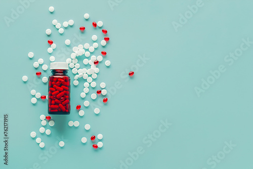 White and red pills in orange bottle on blue background with space for text
