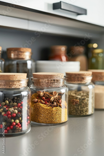 Organized Spice Jars on Kitchen Shelve. Array of assorted different dry spices in glass jars neatly lined up, organization of order.