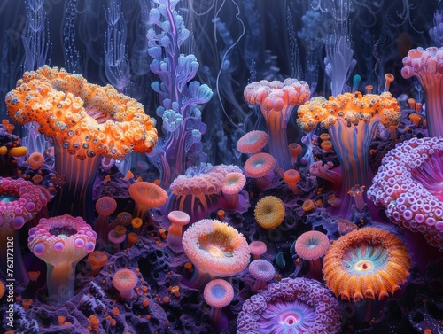 An otherworldly landscape blooms with exotic life, vivid hues blending in surreal harmony photo