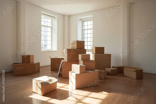 Moving Boxes in Empty Room with Sunlight