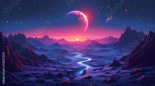 Cartoon fantasy illustration of blue galaxy sky with gas giant and moon and ground surface with rocks on alien planet with craters and lighted cracks.