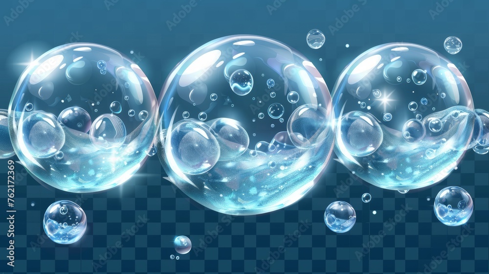 Detailed modern illustration of transparent serum droplets with air bubbles. Collagen gel, cosmetic product for skin care, lotion or essence droplets isolated on transparent background, modern