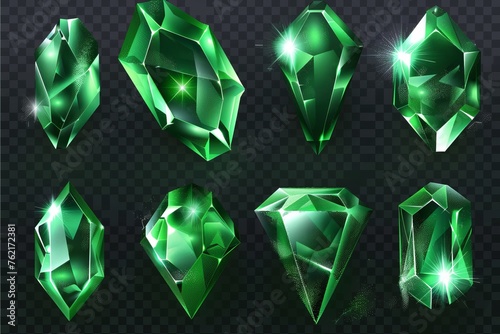 Gemstones with magic light: bright green emerald stones on transparent background. Set of 3 different shapes of beautiful glow gemstones on transparent background. © Mark