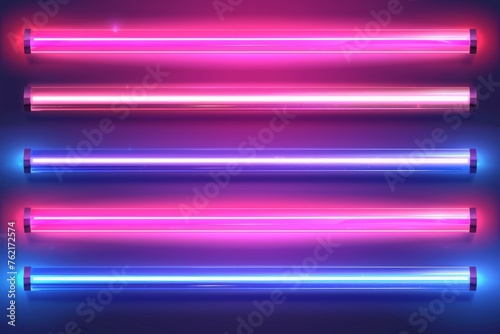 Realistic 3D light laser stripe bulb in red and purple colors set. Flash lazer shine at night illustration collection. Neon led lamp tube line with blue glow modern on transparent background.